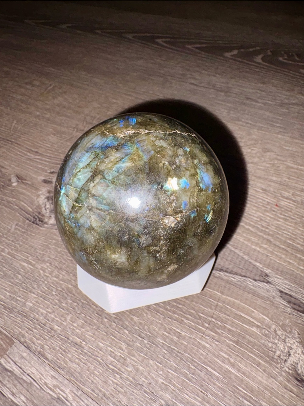 Labradorite Crystal Sphere — Iridescent Green-Blue Home Art